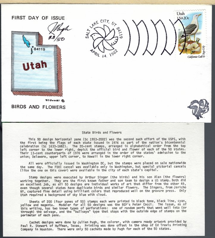 Pugh Designed/Painted Utah Birds & Flowers FDC.. 25 of  Only 50 created!