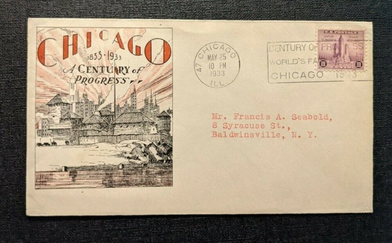 1933 Century of Progress Chicago IL FDC 729 1b Cover to Baldwinsville NY