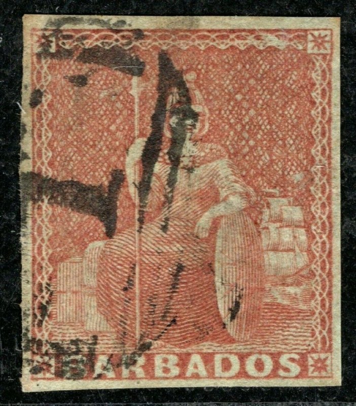 BARBADOS QV Stamp SG.5 (4d) Brownish Red 1855 BRITANNIA Used Cat £275- YELLOW164