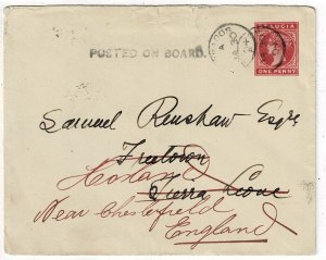 St. Lucia 1904 Barbados Posted on Board cachet on cover to SIERRA LEONE