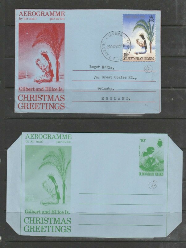 Gilbert & Ellice Islands 2 aerogrammes, Xmas 69 Used, 10c Def Unused