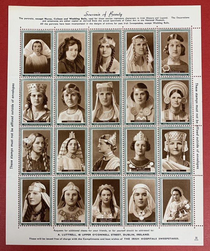 Ireland, Irish Hospitals Sweepstakes, Sheet of 20 Poster Stamps