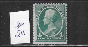 US #211 1883 JACKSON  4 CENTS (BLUE GREEN)- MINT LIGHT HINGED