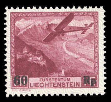 Liechtenstein #C14 Cat$130, 1935 60ro on 1fr lake, never hinged