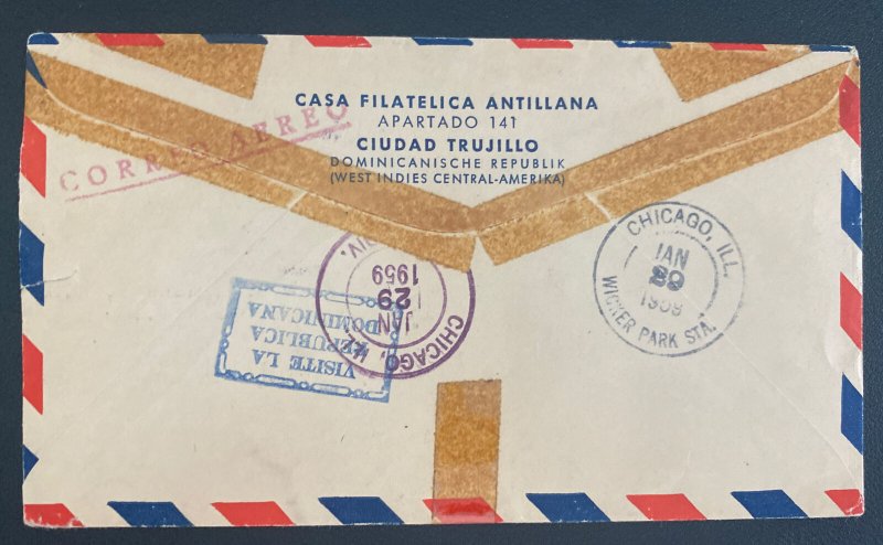 1959 Ciudad Truji Dominican Republic Registered Airmail cover to Chicago IL Usa