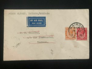 1932 Nairobi Kenya British KUT First Flight Airmail Cover FFC To Mombasa