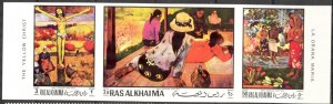 Ras Al Khaima UAE 1970 Art Paintings Paul Gauguin Strip of 3 Imperf. MNH