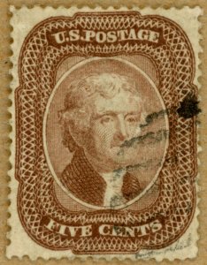 US Scott#29 brown 5c Jefferson, crisp, fresh, light cancel, sound