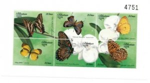 Bhutan 1999 - Butterfly Flowers - Sheet of 6 Stamps - Scott #1239 - MNH