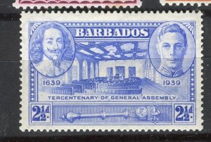 BARBADOS; 1939 early GVI Tercentenary issue Mint hinged 2.5d. value