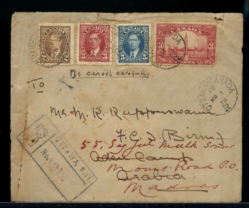 RARE MR 1 1938 just before EAMS to ARABIA ADEN Registered  cover Canada