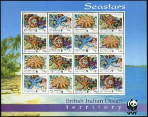 BIOT 231-234a sheet,MNH. WWF 2001.Starfish:Cushion star,Azure sea star,Crown,