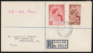 JAMAICA 1948 KGVI Silver Wedding set Registered Airmail cover.