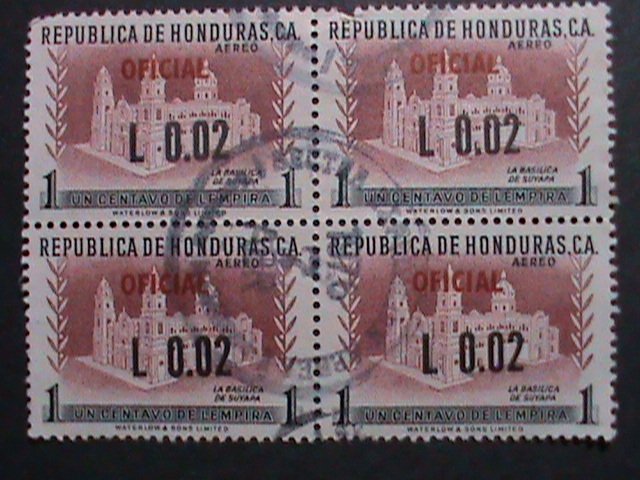 HONDURAS 1956-BASILICA OF SUYAPA-OVPT. SURCHARCH  USED BLOCK VF 66 YEARS OLD