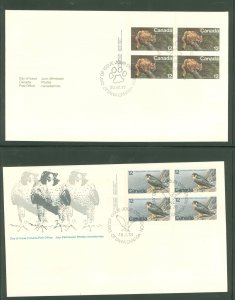 Canada 732/752 1977-78 2 U/A plate block FDCs; Endangered Wildlife, Eastern Cougar, Perigrine Falcon