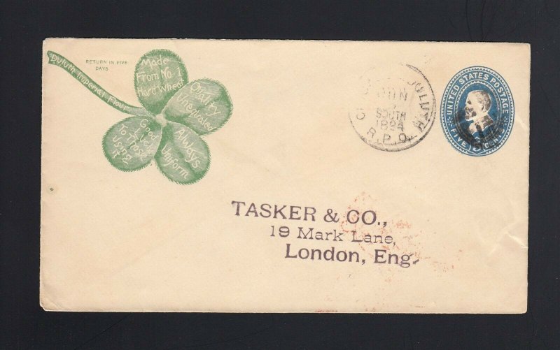 ILLINOIS: Chicago 1894 RPO 5c to ENGLAND - FLOUR Advertising - 4 LEAF CLOVER