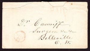 Canada, Stampless Envelope, 1864, Brampton, U.C. to Belleville, C.W. Red PAID 5