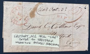 1837 East Port ME Letter Stampless Maritime Mail Cover To Hartford CT USA