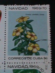 ​CUBA-1969-SC#1473a CHRISTMAS-LOVELY WILD FLOWERS IMPRINT BLOCK FANCY CANCEL VF