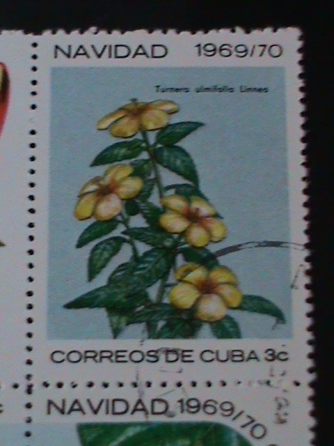 ​CUBA-1969-SC#1473a CHRISTMAS-LOVELY WILD FLOWERS IMPRINT BLOCK FANCY CANCEL VF