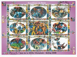 Benin 2008 Beijing Olympics Sheetlet, CTO, Hulk, Thor, Spiderman, Wolverine 