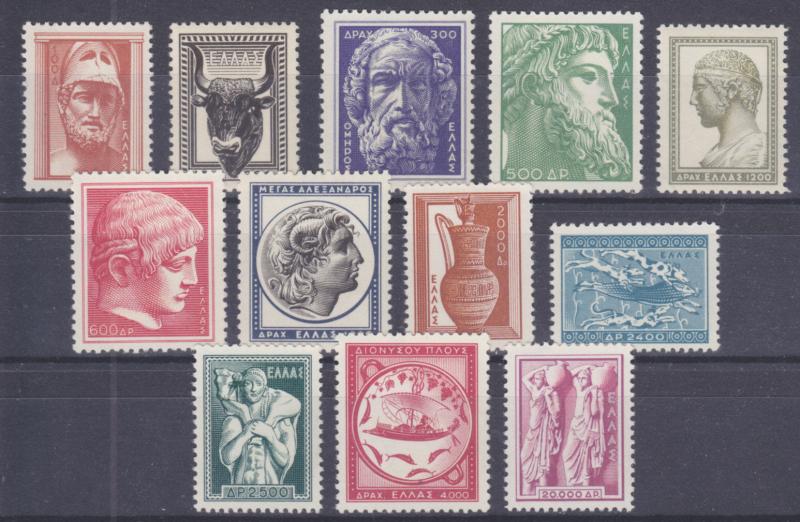 Greece Sc 556-567 MLH. 1954 Definitives cplt, Top Value VLH, Rest MNH.