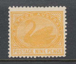 Western Australia Sc 96, SG 145 MLH. 1906 9p orange Swan, small gum skip, F-VF.