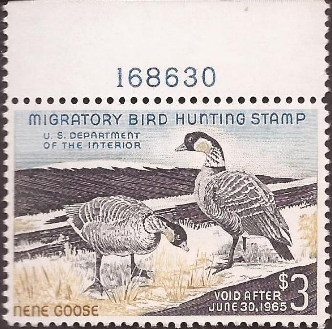 US Stamp - 1964 $3 Duck Stamp Hawaiian Nene Geese MNH w/Plate # Scott #RW31