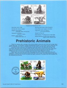 USPS SOUVENIR PAGE PREHISTORIC ANIMALS SETENANT BLOCK OF (4) 1996