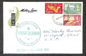 TONGA SCOTT #101 104-5 STAMPS TO USA MARIPOSA SHIP TIN CAN CANOE MAIL 1964