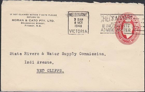 AUSTRALIA GVI 2½d envelope used ex Melbourne 1948..........................53767