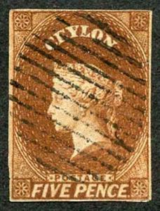 Ceylon 1857 SG5 5d Chestnut Four Margins Cat 150 Pounds