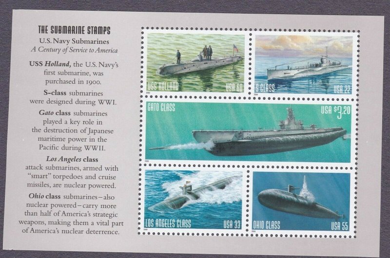 U.S. NAVY SUBMARINES Booklet Pane of 5 US #3377a Selvage No Dolphin Pin MNH 