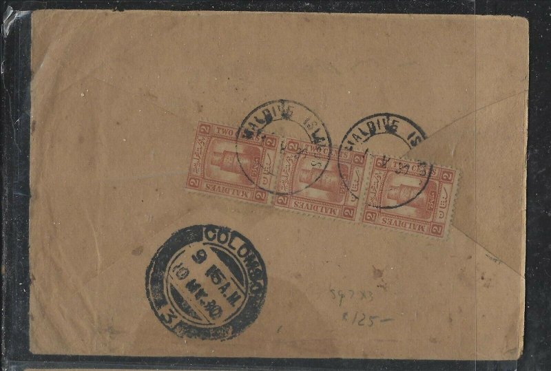 MALDIVE ISLANDS COVER (PP1804B)  1930 2C STRIP OF 3 VIA COLOMBO TO INDIA