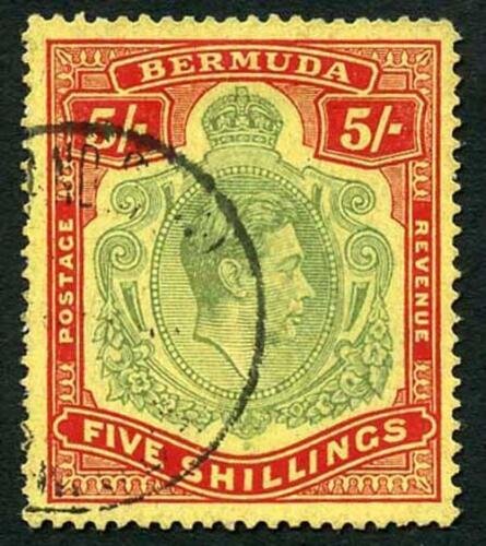 Bermuda SG118b KGVI 5/- Pale Green and Red/yellow Line Perf 14.25 (Ref 45) 