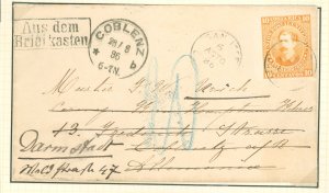 Costa Rica  1886 10c orange yellow envelope, used to Germany, interesting cancels.