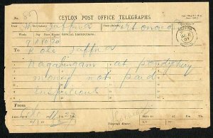 Ceylon Telegraph 1907 Stampless form used at Jaffna