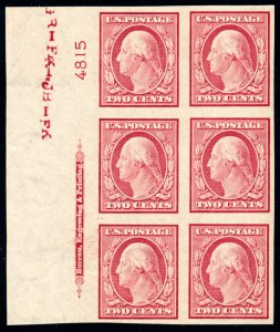 US 344 2c 1908 Washington double line watermark imperf VF NH plate block of 6