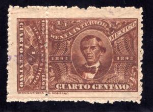 R 91, MEXICO, 1892-1893, ¼c, Internal Revenue, Renta Interior, MLHOG