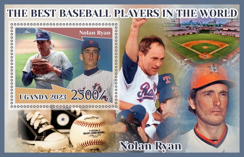 Stamps.Sports.Baseball Nolan Ryan 2023 year 1+1 sheets perforated Uganda NEW