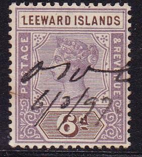 Leeward Islands 1890 Queen Victoria 6d lilac & brown. VF Revenue Cancel Used