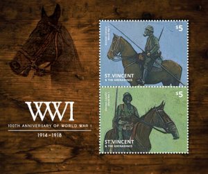 St. Vincent 2014 - WWI 100th Anniversary War, Gas Mask, Horse - Sheet of 2 - MNH