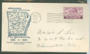 US 782 1936 3c Arkansas Statehood Centennial (single) on an addressed FDC with an Arkansas Centennial Commission cachet.