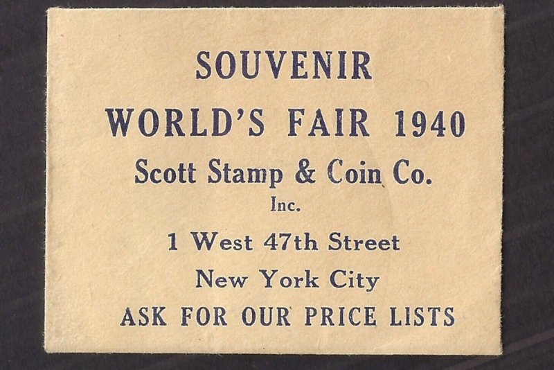 1940 WORLD'S FAIR: SCOTT STAMP & Coin Co. giveaway w/ Stamp WITHIN, very SCARCE!