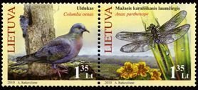 Lithuania 2010 Red Book Birds Insects Dove Dragonfly strip of 2 stamps MNH