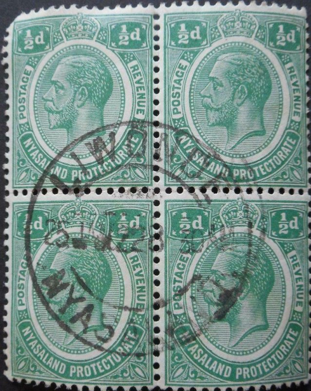 Nyasaland 1922 1/2d Block with LIWONDE postmark