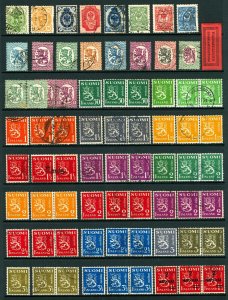 Finland #39/#212 1889-1945 Assorted Early Arms, Lions Sgls & Pairs M&U 55 Items