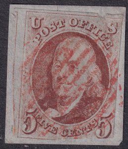 #1 Used, Fine+, Red grid cancel, on piece, nick at top (CV $425 - ID37165) - ...