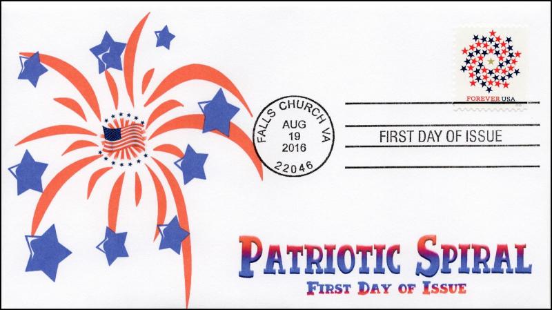 2016, Patriotic Spiral, FDC, B/W Postmark, Stars, Falls Church VA, 16-220