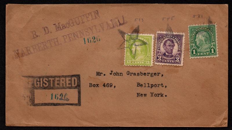 $ 1927 Narberth PA fancy star cancels, Registered cover